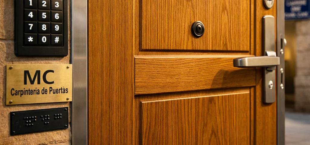 Puerta blindada de roble con detalles accesibles y características de seguridad en un edificio de Barcelona. Cuales son las opciones mas accesibles para puertas blindadas en Barcelona.