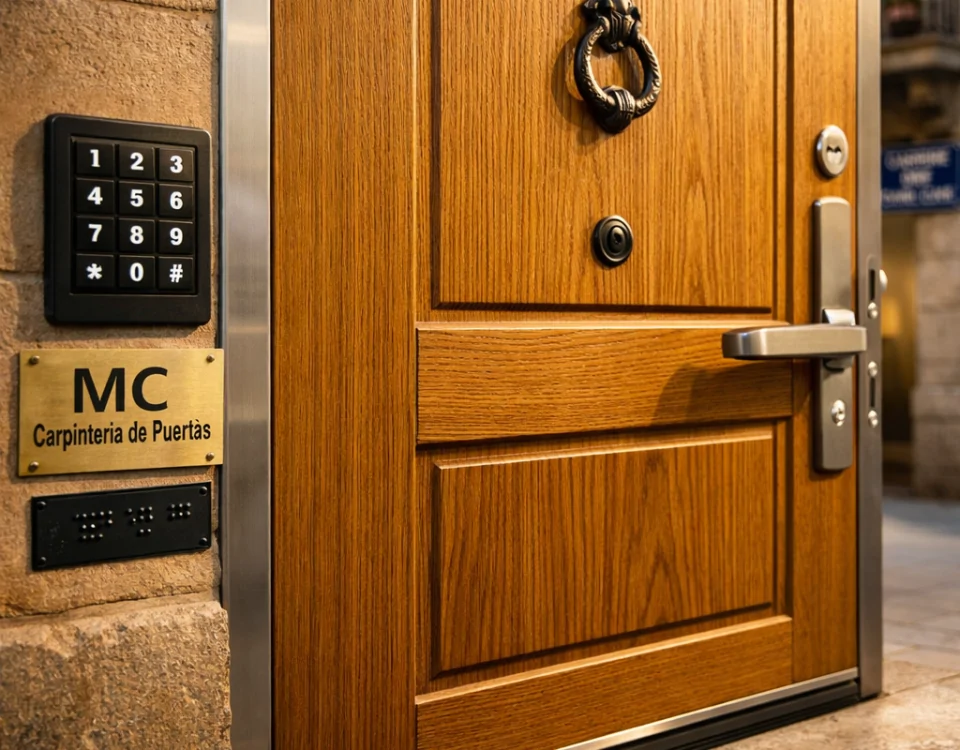 Puerta blindada de roble con detalles accesibles y características de seguridad en un edificio de Barcelona. Cuales son las opciones mas accesibles para puertas blindadas en Barcelona.