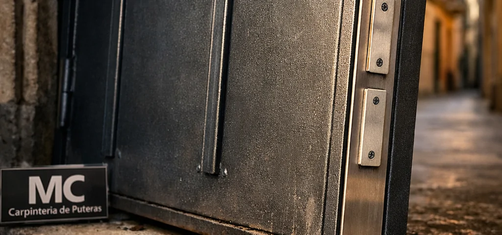 Puerta de acero grueso en una calle de Barcelona, ideal para preguntar: "Donde puedo comprar puertas antiokupa en Barcelona".