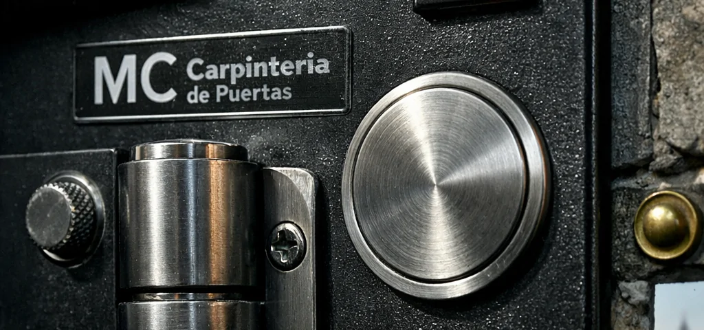 Macro de una puerta en Barcelona, con detalles del bisagra y el texto "Como alquilar una puerta antiokupa en Barcelona".