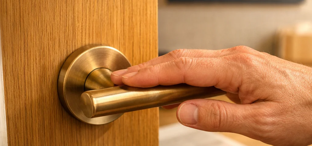 Primer plano extremo de un pomo de puerta de calidad en Barcelona, mostrando detalles en bronce y madera cálida. Donde puedo comprar puertas de interior de calidad en Barcelona.