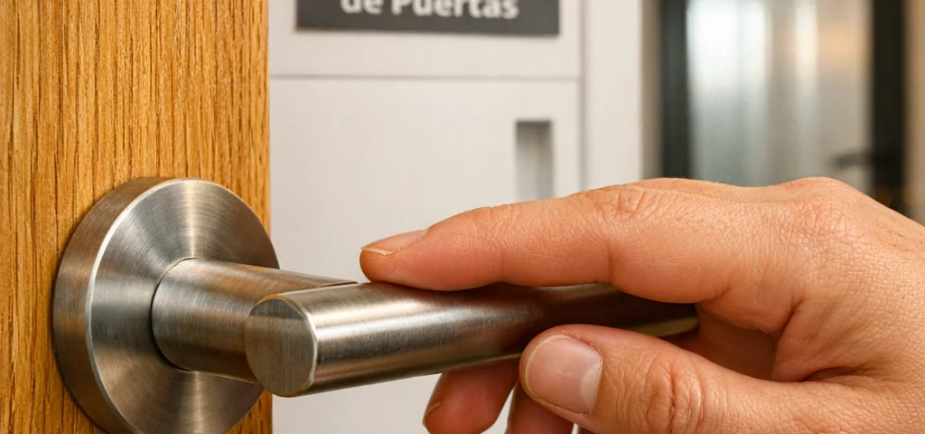 Primer plano de puertas de interior populares en Barcelona: madera de roble miel, manija de acero y puerta blanca mate.