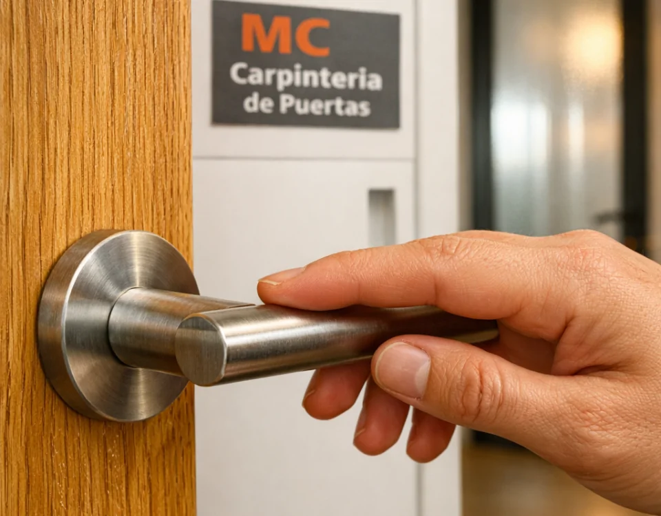 Primer plano de puertas de interior populares en Barcelona: madera de roble miel, manija de acero y puerta blanca mate.