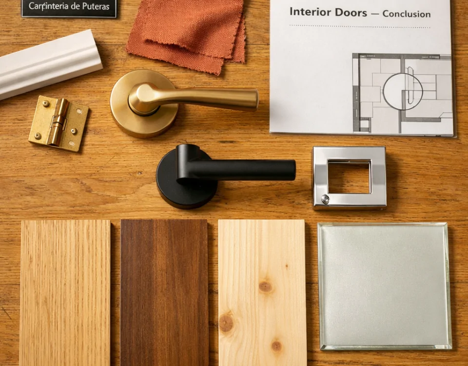 Vista cenital de un kit de "conclusión" para puertas de interior en Barcelona, mostrando muestras de materiales y hardware. Cuales son las puertas de interior mas populares en Barcelona.