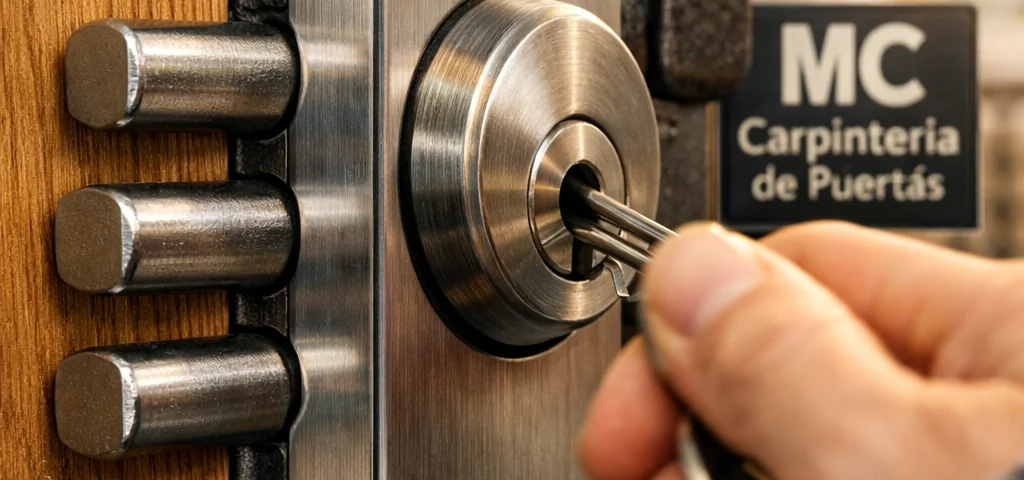 Cierre de una puerta acorazada en Barcelona, mostrando detalles del cerrojo y una mano que inserta la llave.