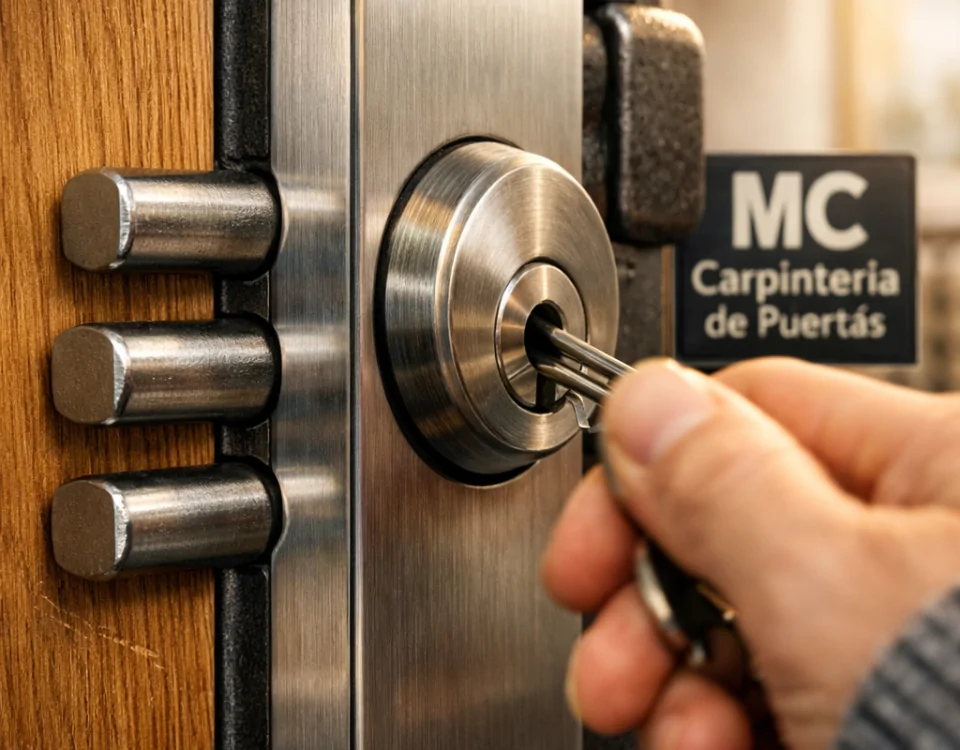 Cierre de una puerta acorazada en Barcelona, mostrando detalles del cerrojo y una mano que inserta la llave.
