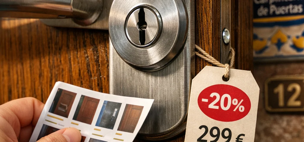 Macro de un cilindro de acero en una puerta de roble; mano compara ofertas: "Encuentra las mejores ofertas en puertas blindadas para instalar en Barcelona".