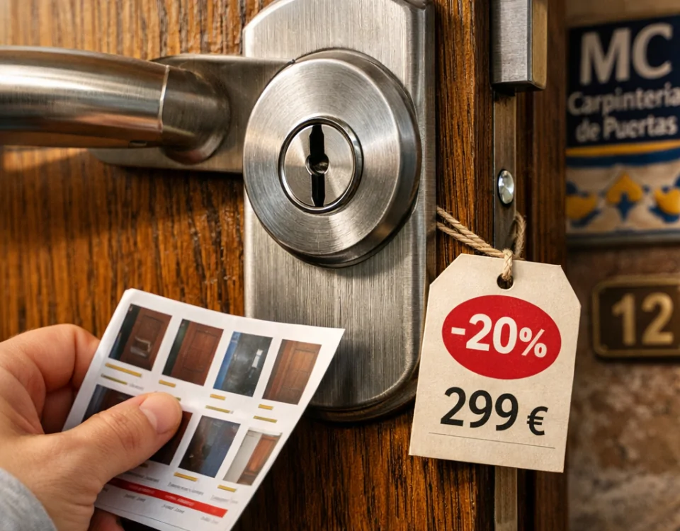 Macro de un cilindro de acero en una puerta de roble; mano compara ofertas: "Encuentra las mejores ofertas en puertas blindadas para instalar en Barcelona".