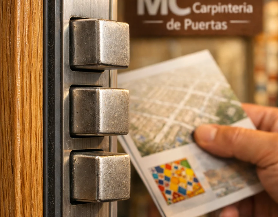 Primer plano extremo de una puerta acorazada en Barcelona, mostrando detalles del cerrojo y un folleto sobre dónde comprar.