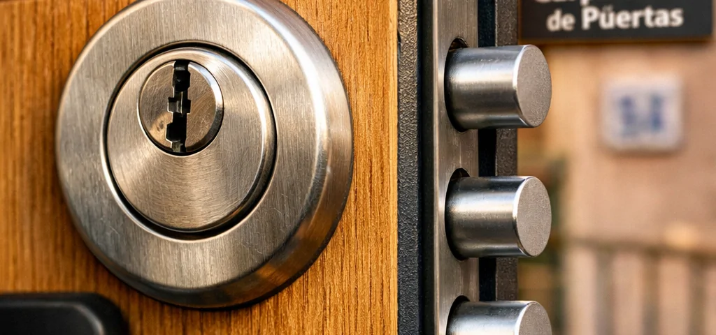 Macro de una entrada residencial en Barcelona, destacando un cilindro de acero y detalles de puertas blindadas populares.