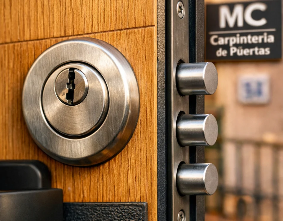Macro de una entrada residencial en Barcelona, destacando un cilindro de acero y detalles de puertas blindadas populares.
