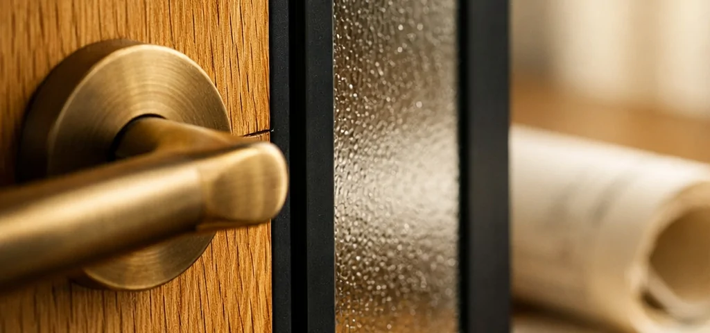 Puerta interior de roble en Barcelona, con detalles en metal negro y bronce, resaltando su diseño elegante y texturas.