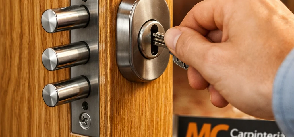 Cierre de una puerta interior de roble en Barcelona, mostrando un cilindro de seguridad y tornillos pulidos. Cuales son las opciones de puertas interiores mas seguras disponibles en Barcelona.
