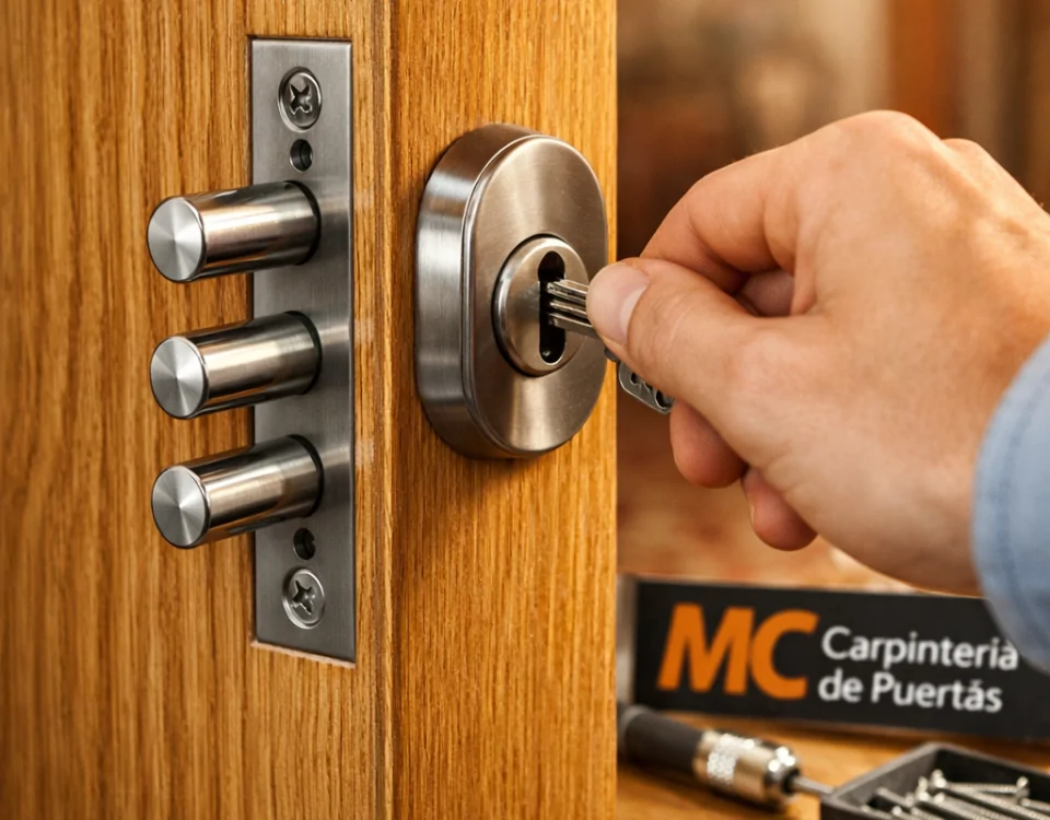 Cierre de una puerta interior de roble en Barcelona, mostrando un cilindro de seguridad y tornillos pulidos. Cuales son las opciones de puertas interiores mas seguras disponibles en Barcelona.