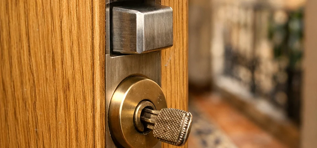 Macro de una puerta de apartamento en Barcelona, destacando su madera de roble y herrajes de acero; Cuales son las puertas blindadas mas populares para instalar en Barcelona.