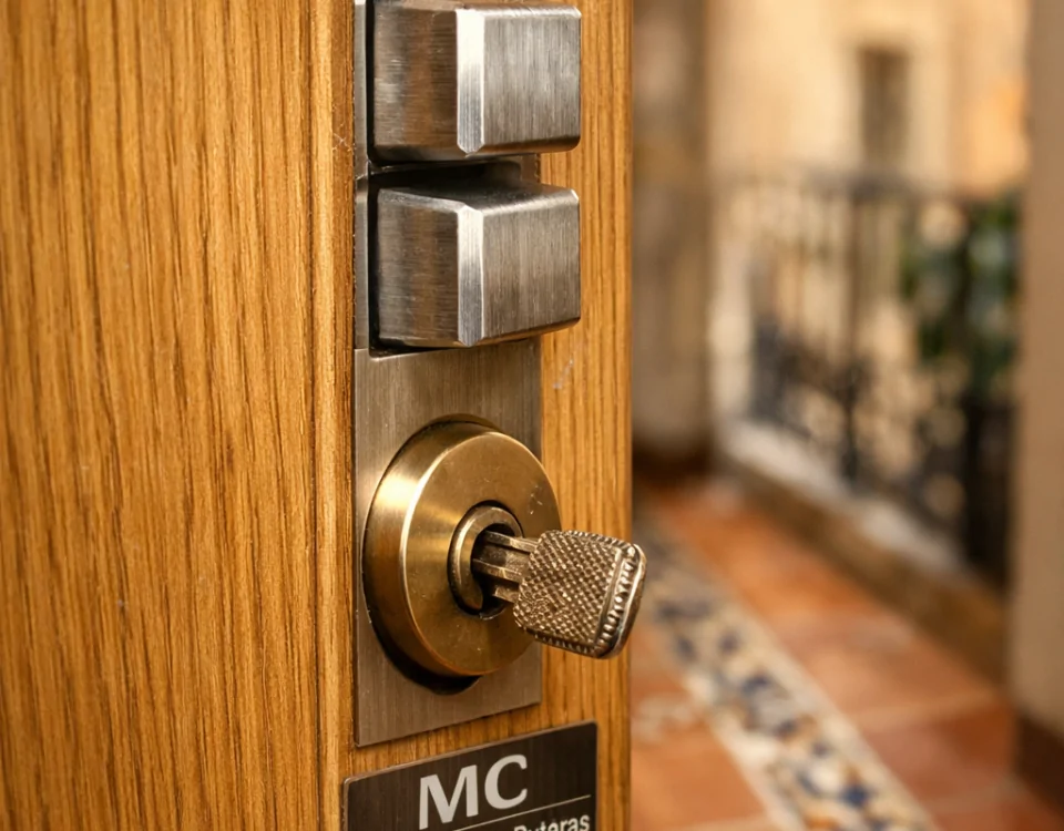 Macro de una puerta de apartamento en Barcelona, destacando su madera de roble y herrajes de acero; Cuales son las puertas blindadas mas populares para instalar en Barcelona.