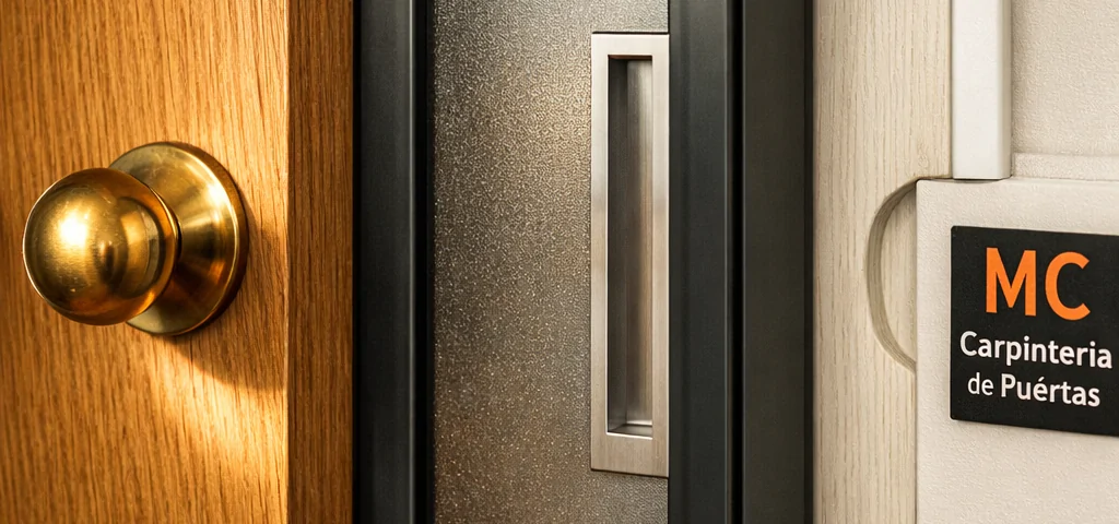 Primer plano extremo de bordes de puertas interiores en un apartamento de Barcelona; muestra tipos de puertas populares.