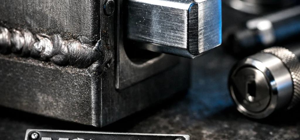 Macro de una puerta antiokupa de acero con cerradura, mostrando detalles y certificación. Cuales son las puertas antiokupa mas efectivas disponibles en el mercado.
