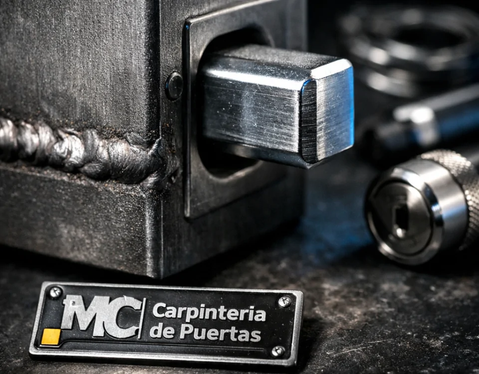 Macro de una puerta antiokupa de acero con cerradura, mostrando detalles y certificación. Cuales son las puertas antiokupa mas efectivas disponibles en el mercado.