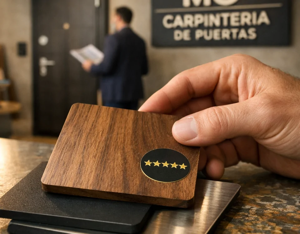 Primer plano extremo de una mano mostrando muestras de acabados de puertas; destaca la calidad en tiendas mejor calificadas en Barcelona.