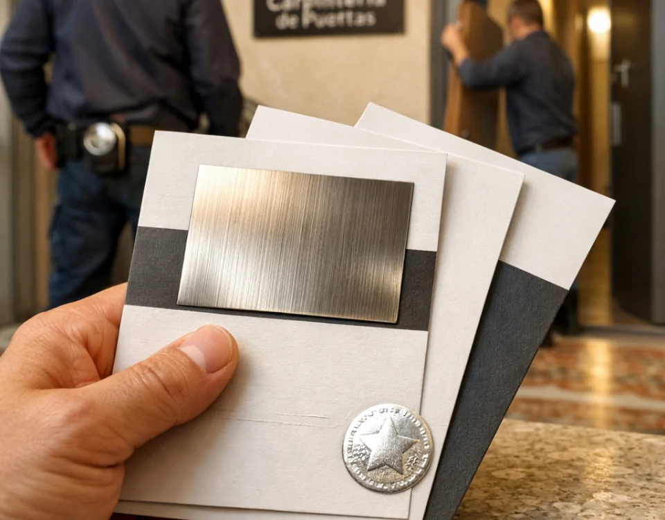 Mano de propietario sosteniendo folletos en una entrada de piso en Barcelona; instaladores en el fondo. Cuales son las empresas mas recomendadas para la instalacion de puertas blindadas en Barcelona.