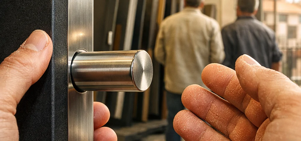 Primer plano extremo de manos cerca de un pomo de acero en una tienda de puertas en Barcelona. Donde puedo comprar e instalar puertas de seguridad para mi hogar en Barcelona.