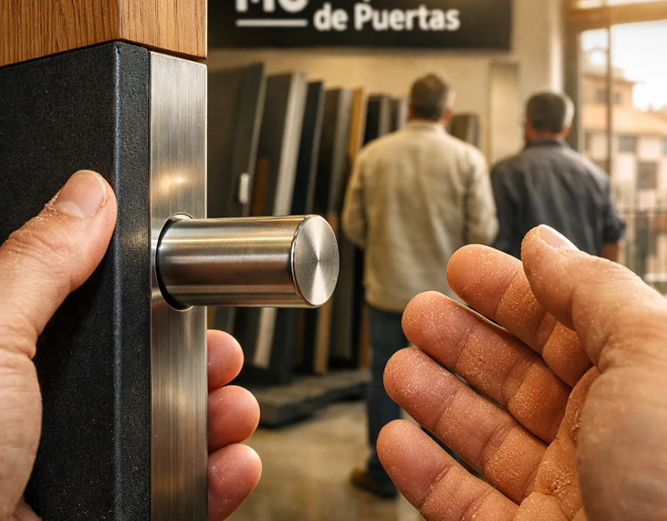 Primer plano extremo de manos cerca de un pomo de acero en una tienda de puertas en Barcelona. Donde puedo comprar e instalar puertas de seguridad para mi hogar en Barcelona.