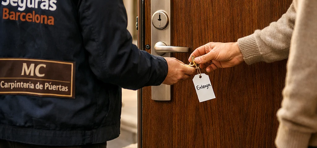 Técnico entrega llave de puerta blindada en Barcelona; ambiente cálido y profesional. Encuentra servicios de instalacion de puertas blindadas en Barcelona.
