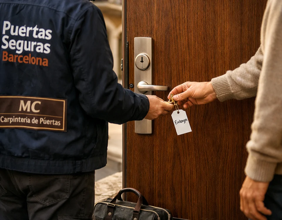 Técnico entrega llave de puerta blindada en Barcelona; ambiente cálido y profesional. Encuentra servicios de instalacion de puertas blindadas en Barcelona.