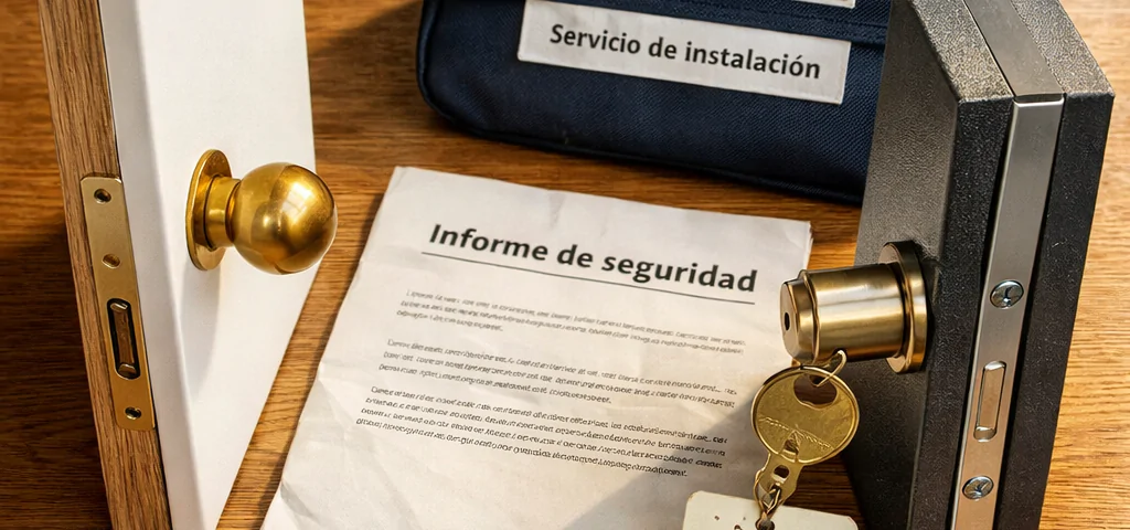 Muestra comparativa de muestras de puertas en una mesa de roble, con luz cálida y la etiqueta "Encuentra servicios de instalacion de puertas blindadas en Barcelona".