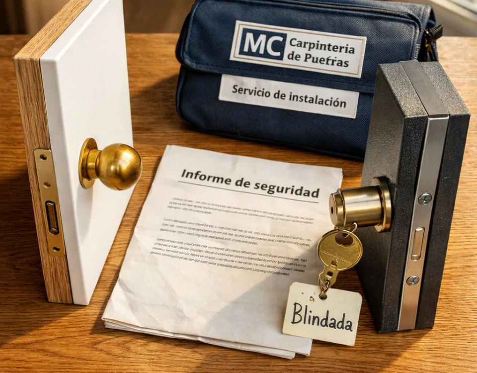 Muestra comparativa de muestras de puertas en una mesa de roble, con luz cálida y la etiqueta "Encuentra servicios de instalacion de puertas blindadas en Barcelona".