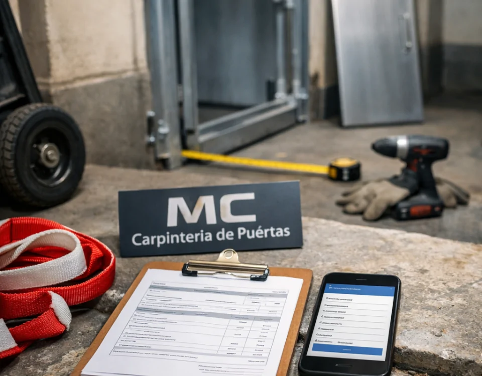 Donde puedo alquilar puertas antiokupa en Barcelona: mano revisa papeleo y móvil junto a puerta antiokupa.