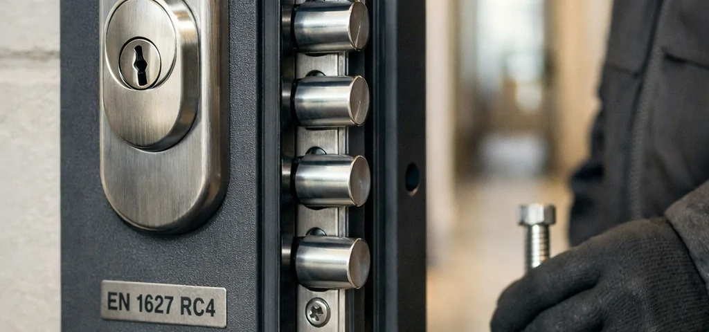 Cuales son las puertas blindadas mas seguras en Barcelona: puerta blindada certificada, cerradura y cerrojos visibles.