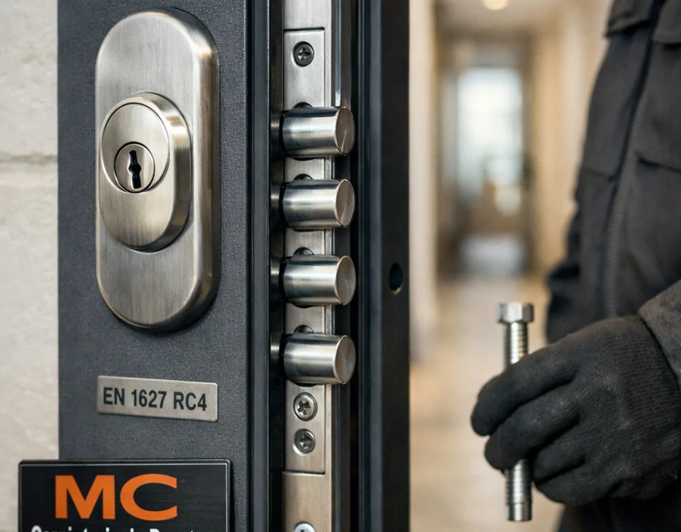 Cuales son las puertas blindadas mas seguras en Barcelona: puerta blindada certificada, cerradura y cerrojos visibles.