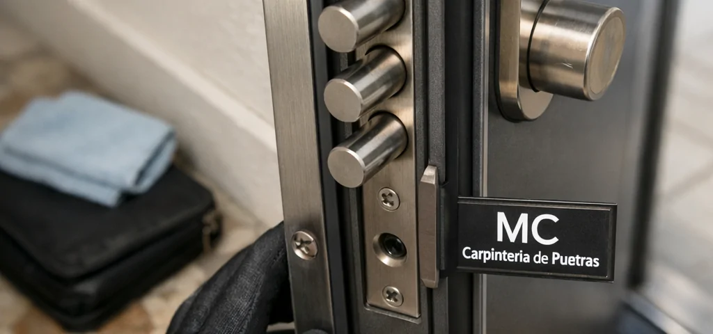 Cuales son las puertas blindadas mas seguras en Barcelona: puerta blindada RC4 con cerradura y mano enguantada.