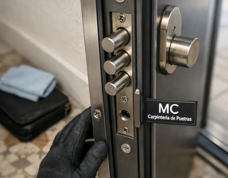 Cuales son las puertas blindadas mas seguras en Barcelona: puerta blindada RC4 con cerradura y mano enguantada.