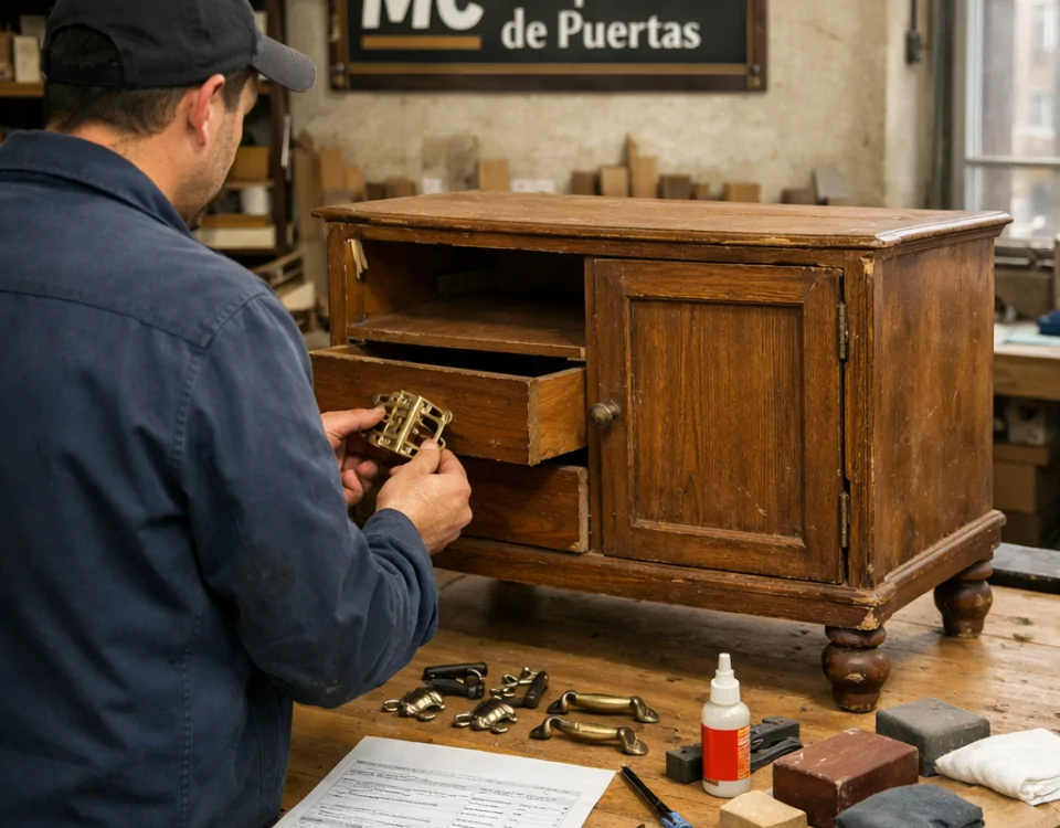 Carpintero repara una cómoda dañada en Barcelona; Que servicios ofrecen las carpinterias para la reparacion de muebles en Barcelona