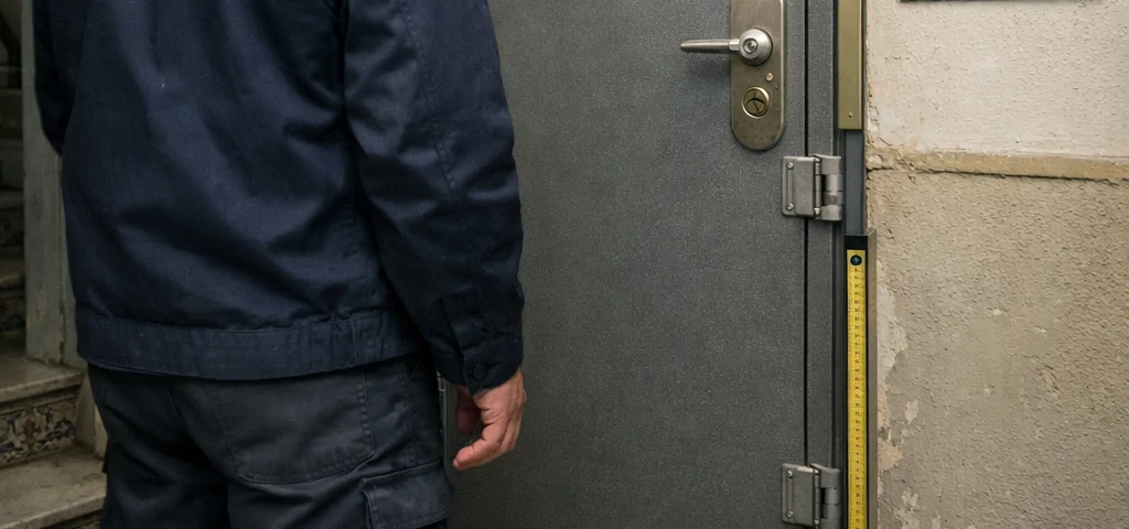 Técnico inspecciona una puerta antiokupa instalada en Barcelona con presupuesto visible: Cuales son las opciones mas economicas para instalar puertas antiokupa en Barcelona