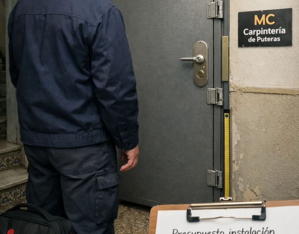 Técnico inspecciona una puerta antiokupa instalada en Barcelona con presupuesto visible: Cuales son las opciones mas economicas para instalar puertas antiokupa en Barcelona