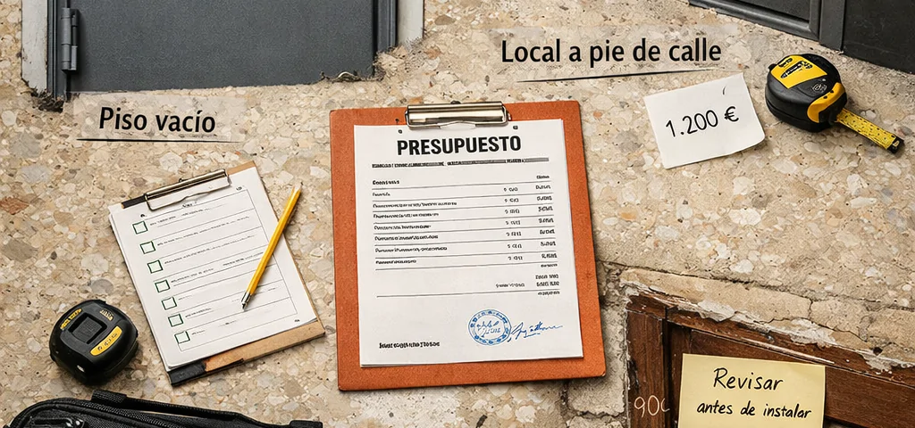 Comparativa de puertas antiokupa en Barcelona sobre suelo de terrazo, con tres opciones, presupuesto, herramientas y mediciones.