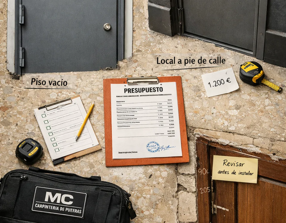 Comparativa de puertas antiokupa en Barcelona sobre suelo de terrazo, con tres opciones, presupuesto, herramientas y mediciones.