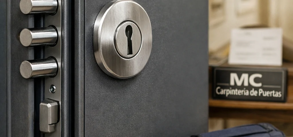 Puerta blindada instalada en Barcelona, con escudo de acero, cierres multipunto y acabado grafito; Cuales son las mejores puertas blindadas disponibles en Barcelona