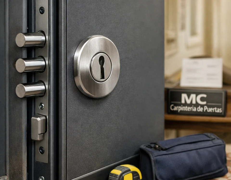 Puerta blindada instalada en Barcelona, con escudo de acero, cierres multipunto y acabado grafito; Cuales son las mejores puertas blindadas disponibles en Barcelona
