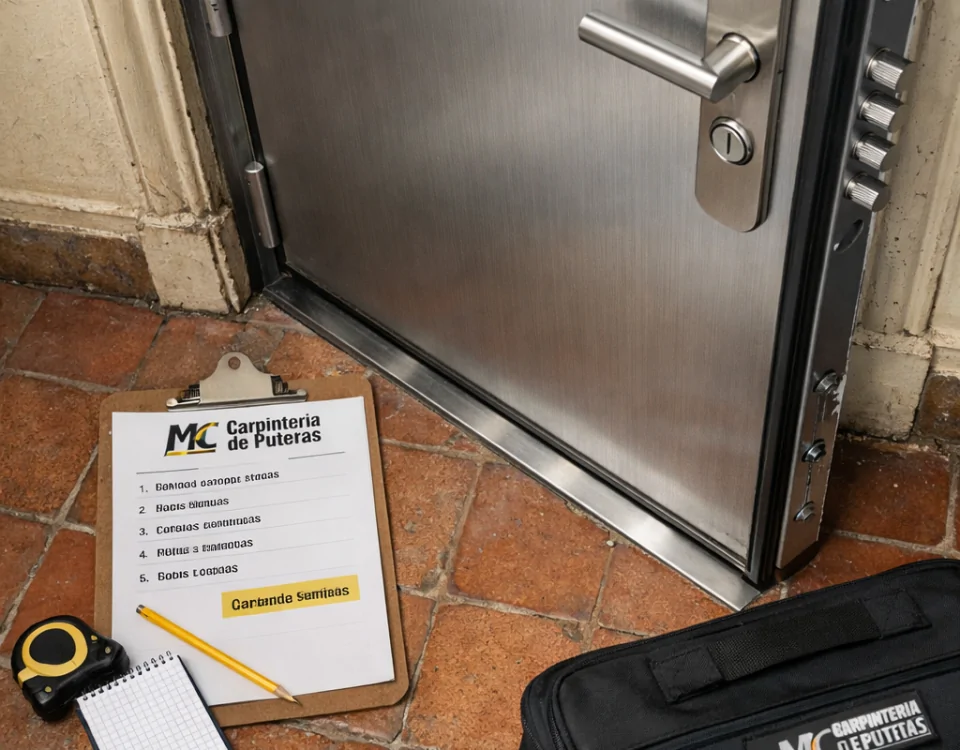 Vista cenital de puerta blindada instalada en Barcelona, presupuesto y herramientas; Cuales son las mejores puertas blindadas disponibles en Barcelona
