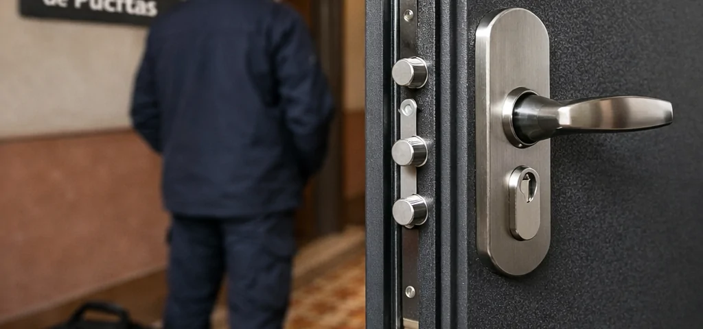Puerta acorazada gris en edificio de Barcelona, técnico inspeccionándola; Cuales son las puertas mas recomendadas para evitar la ocupacion ilegal en Barcelona
