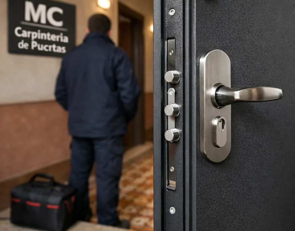Puerta acorazada gris en edificio de Barcelona, técnico inspeccionándola; Cuales son las puertas mas recomendadas para evitar la ocupacion ilegal en Barcelona