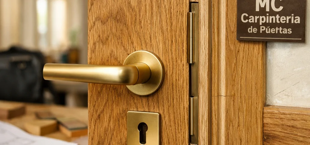 Primer plano de puerta de roble personalizada en Barcelona, con herrajes de latón y carpintería precisa; Que servicios de carpinteria ofrecen la mejor personalizacion de puertas en Barcelona