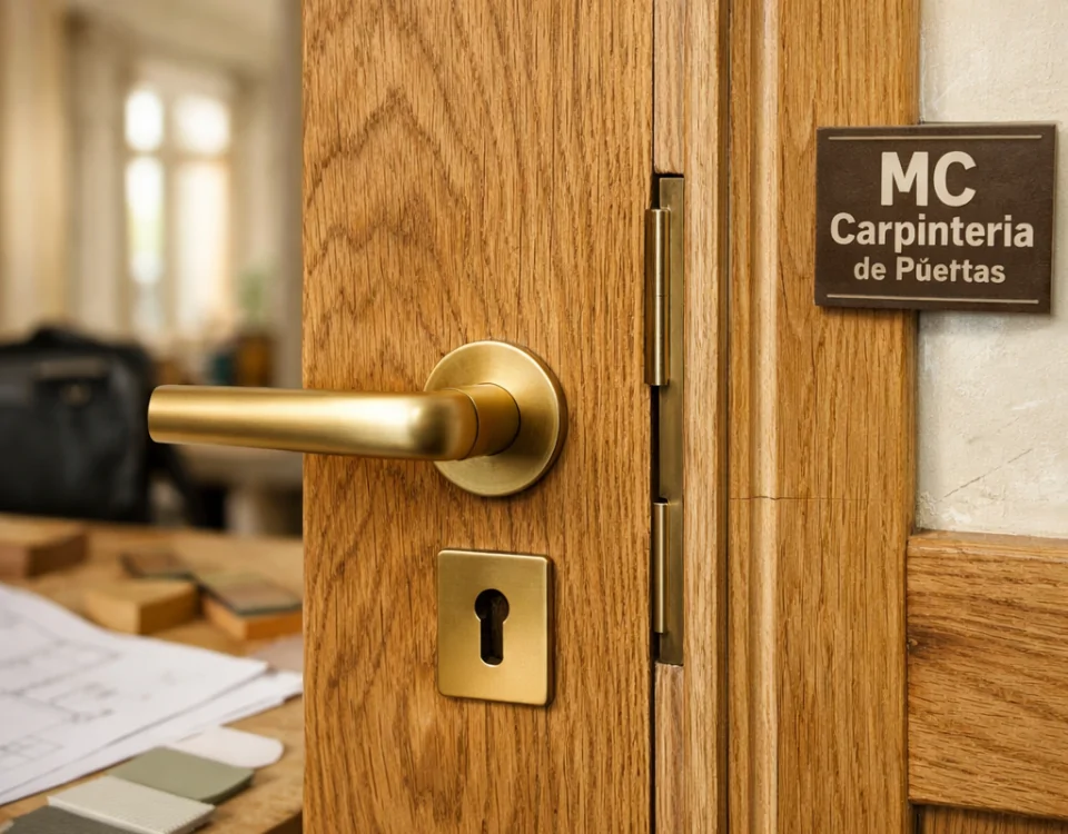 Primer plano de puerta de roble personalizada en Barcelona, con herrajes de latón y carpintería precisa; Que servicios de carpinteria ofrecen la mejor personalizacion de puertas en Barcelona